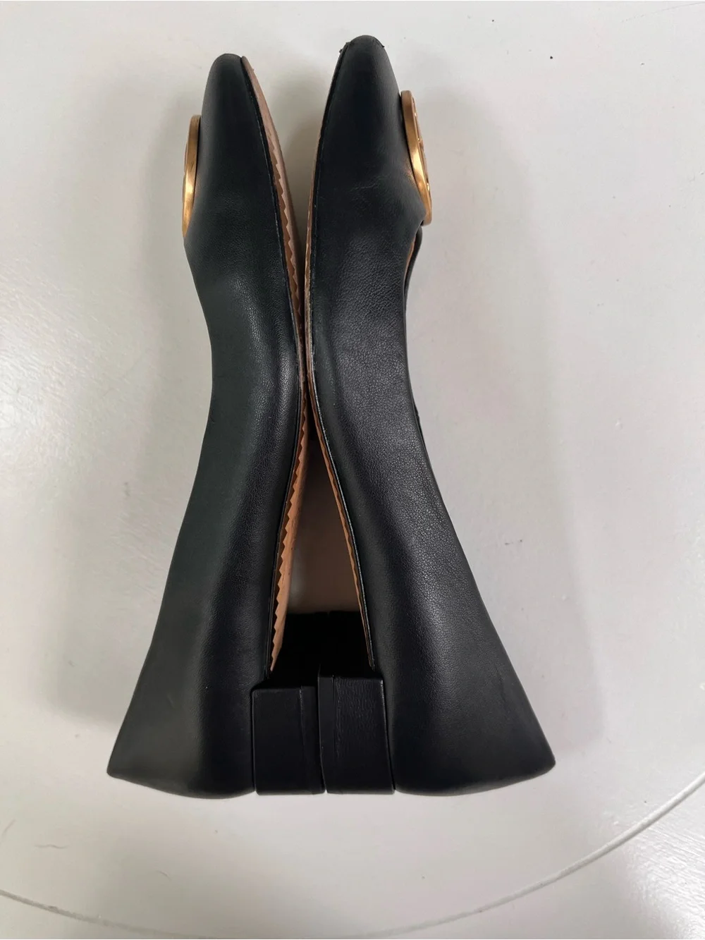 Tory Burch Black Leather Ballet Flats with Gold Logo Medallion